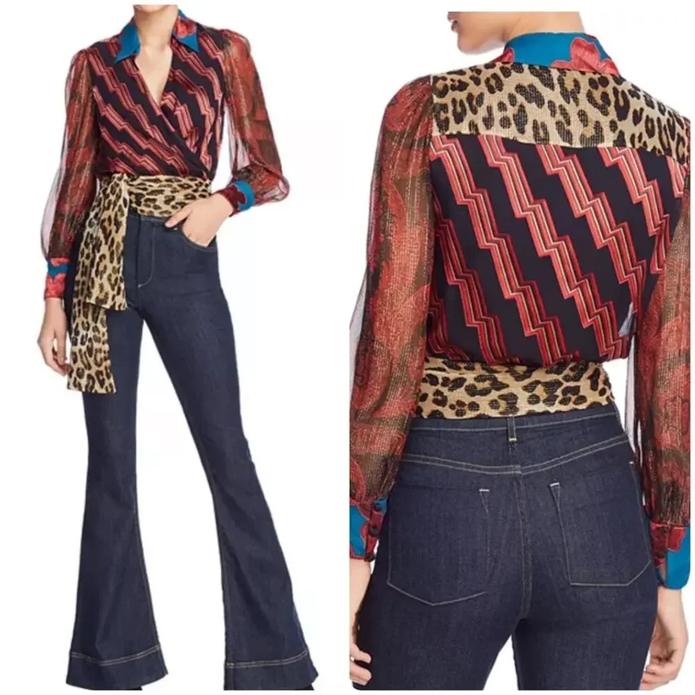 Alice + Olivia Multi-Color Mixed Print Wrap Blouse - Picture 1 of 16